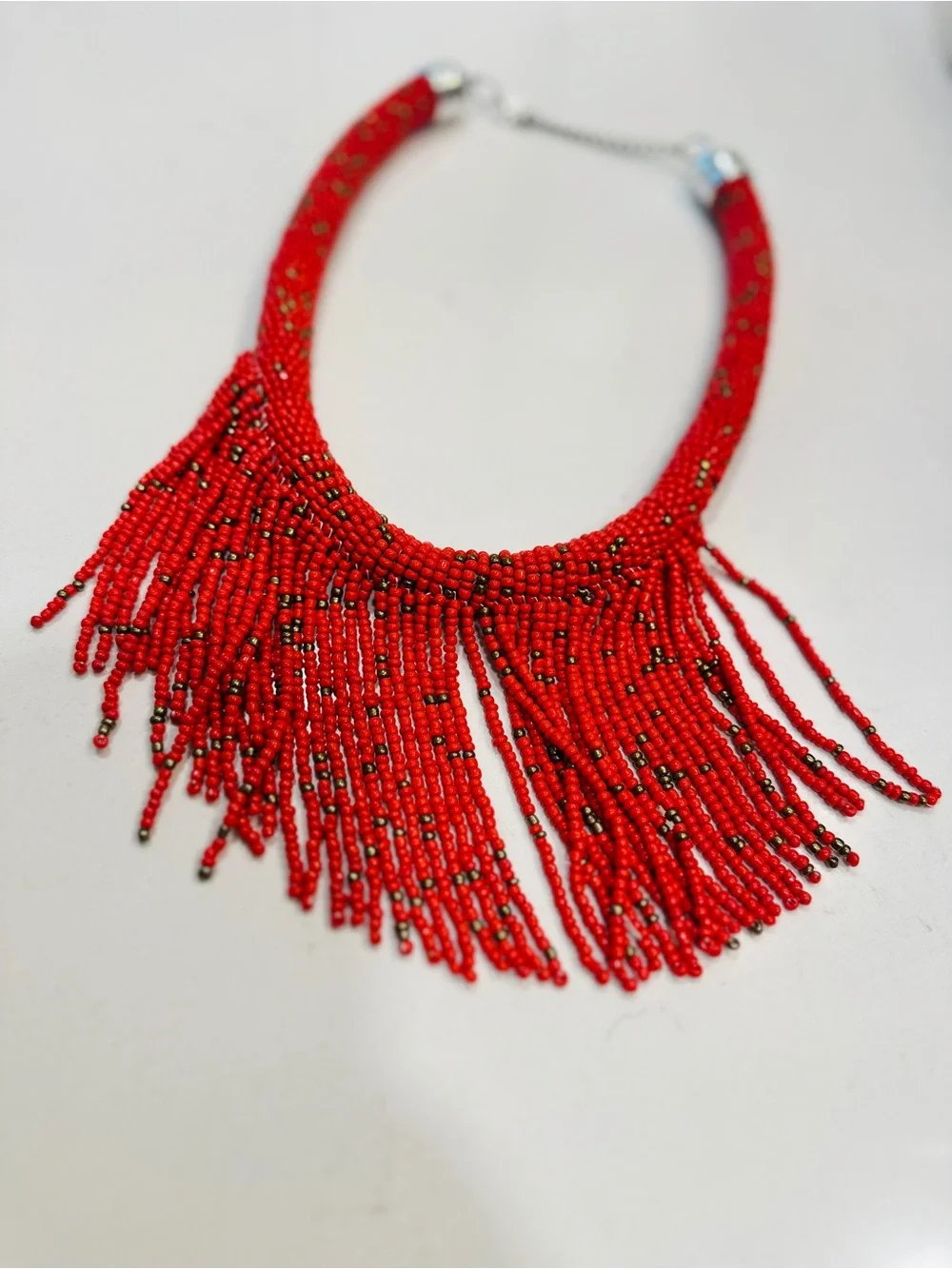 Boho Red Seed Bead Fringe Statement Necklace Tribal Festival Adjustable Bib
